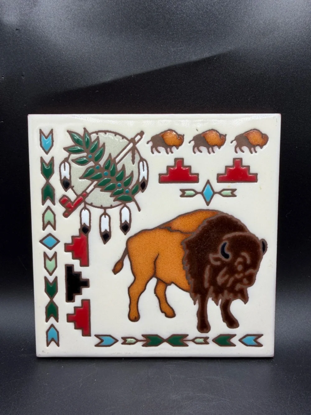 Southwestern Ceramic Buffalo Wall Tile in Brown & Orange